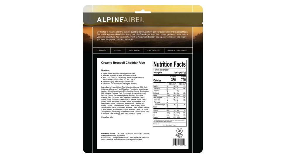 Katadyn Alpine Aire Foods Foods Creamy Broccoli-Cheddar Rice, 60125