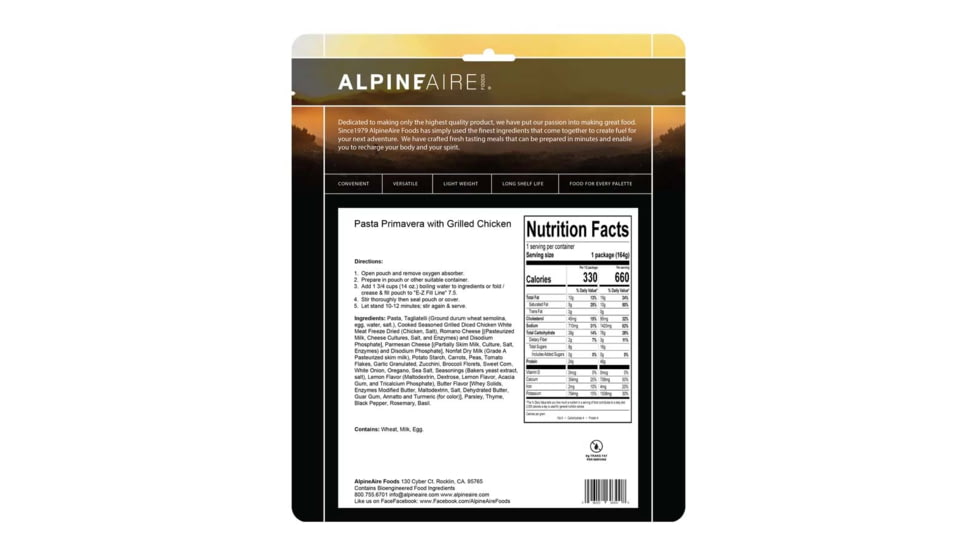 Katadyn Alpine Aire Foods Foods Pasta Primavera w/Grilled Chicken, 60300