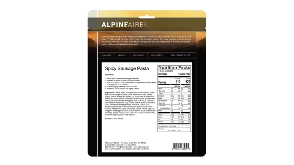 Katadyn Alpine Aire Foods Spicy Sausage Pasta - 2 Servings, No Color, 60439
