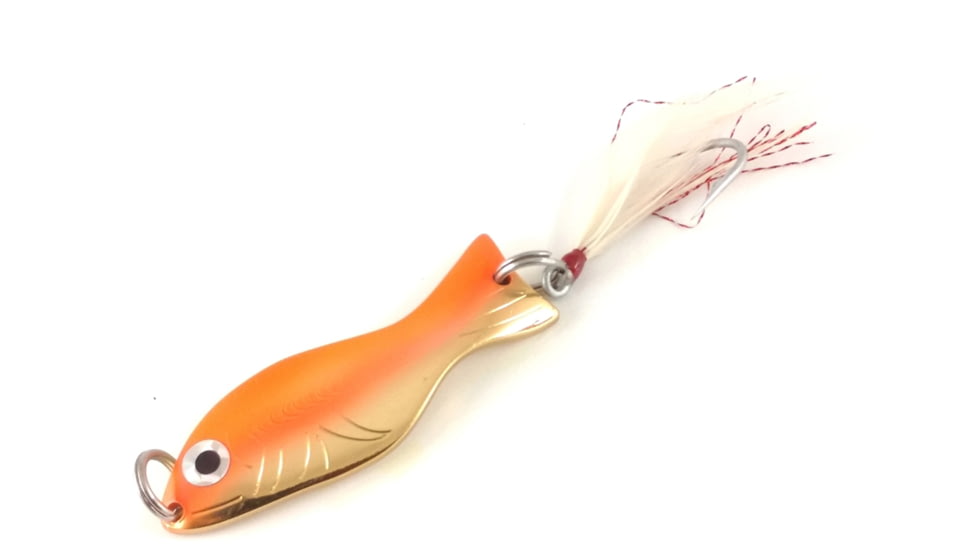Als Goldfish Saltwater Series Goldfish with 3/0 Single Hook and Hackle Feather 2-3/4in, Gold Flame Orange, 3/4oz, G400-SGO