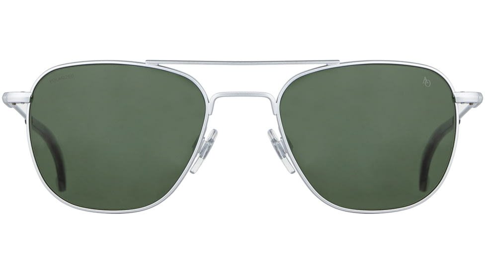 AO Original Pilot 4 Sunglasses, Matte Silver Frame, Green Glass Polarized Lens, Standard Temple w/ Smoke Temple Tip, 52-20-140, OP-452STSMGNG-P
