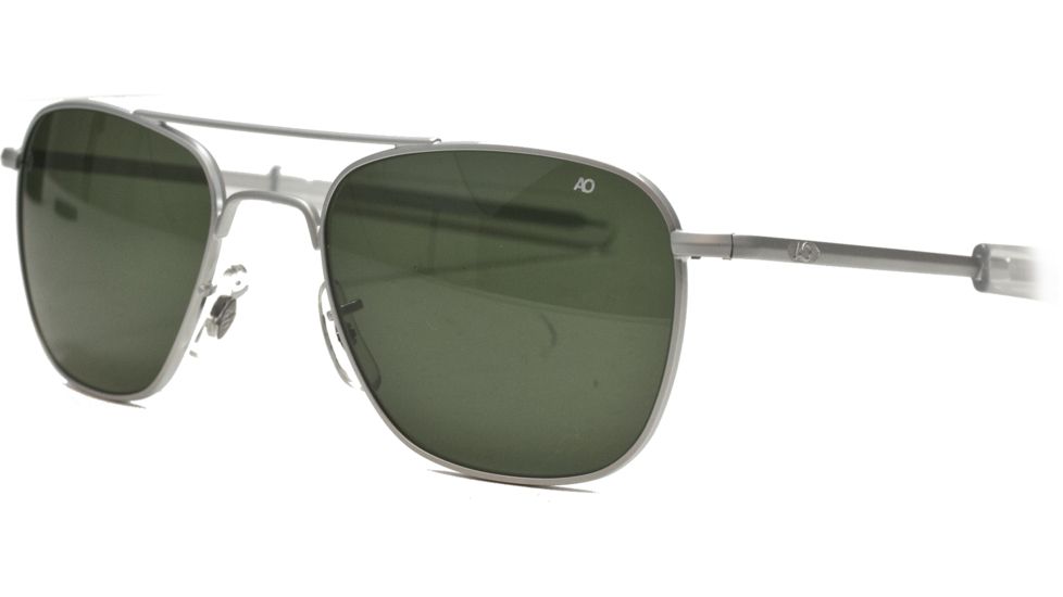 Open Box, Dealer Demo, AO Original Pilot Sunglasses, Bayonet, Matte Chrome Frame, Green Glass Lenses, 52mm, 32219