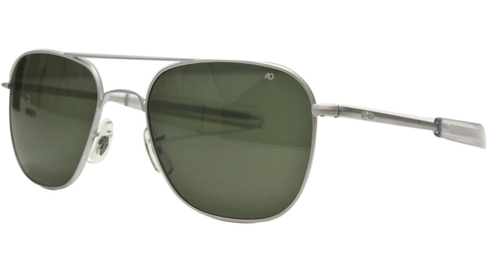 Open Box, Dealer Demo, AO Original Pilot Sunglasses, Bayonet, Matte Chrome Frame, Green Glass Lenses, 55mm, 32222