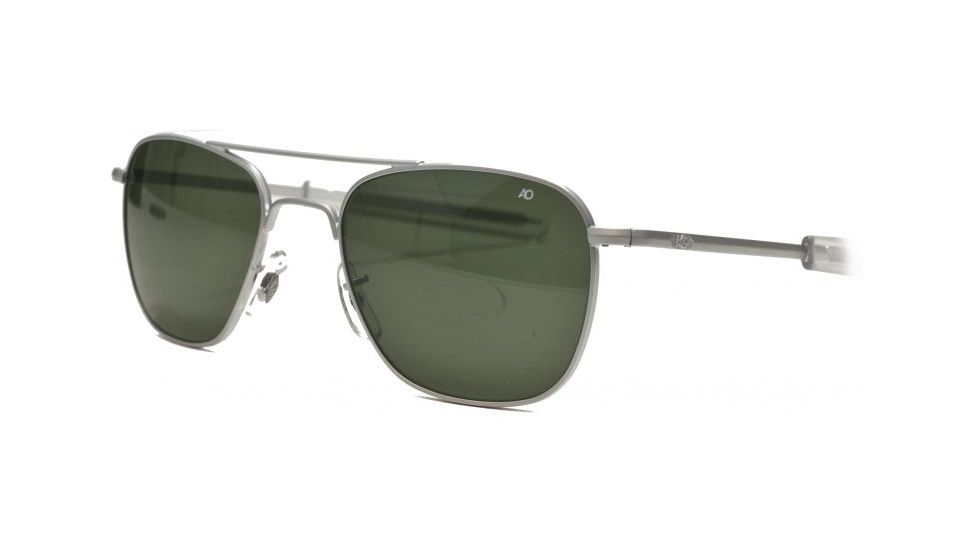 Open Box, Dealer Demo, AO Original Pilot Sunglasses, Bayonet, Matte Chrome Frame, Green Glass Lenses, 57mm, 32225