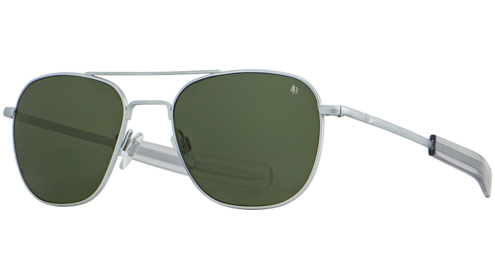 AO Original Pilot Sunglasses, Matte Silver Frame, 57 mm Calobar Green SkyMaster Glass Lenses, Bayonet Temple,738921550303