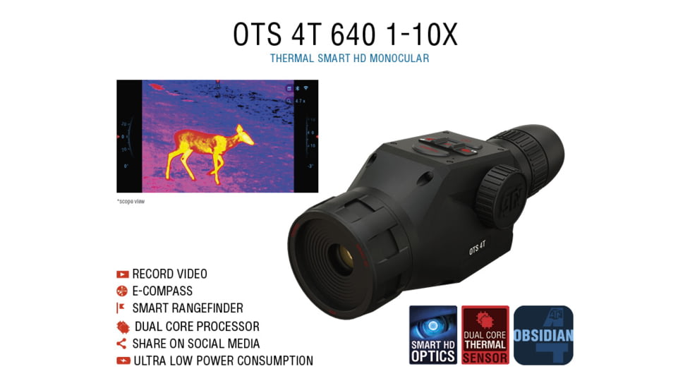 ATN OTS 4T, 1-10x, 640x480, Thermal Viewer w/ Full HD Video rec, WiFi, Smooth zoom, iOS/Android Controlling App, Black, TIMNO4641A