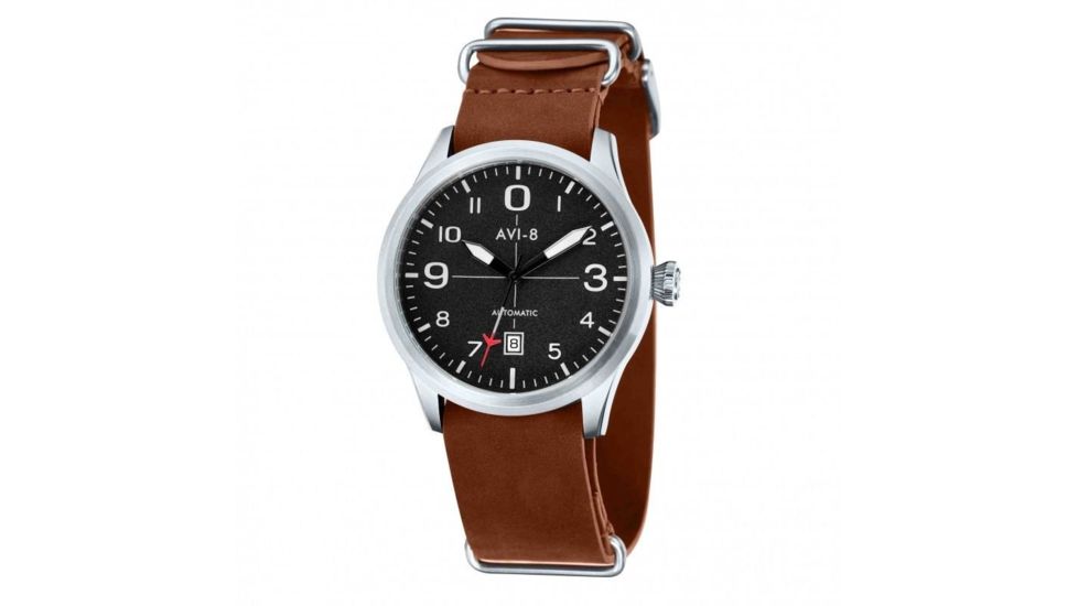 AVI-8 Flyboy Watch Automatic Japan 3 Hands with Date, Black/Tan AV-4021-01