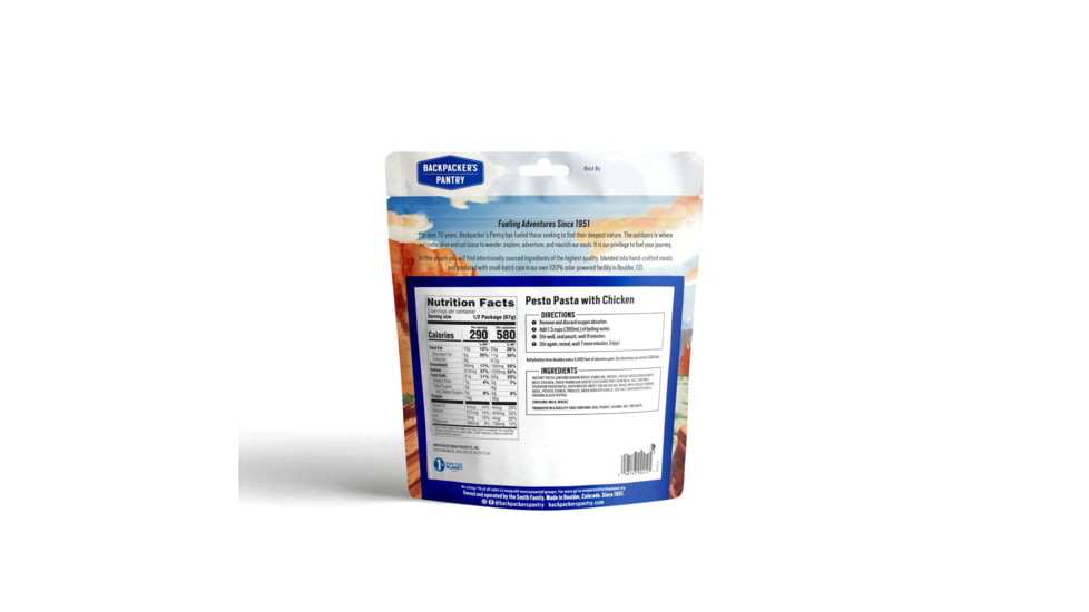 Backpackers Pantry Pesto Pasta w/ Chicken Dehydrated Food, 580 Cal, 38g Protein, Natural, 4.7 oz, 102412