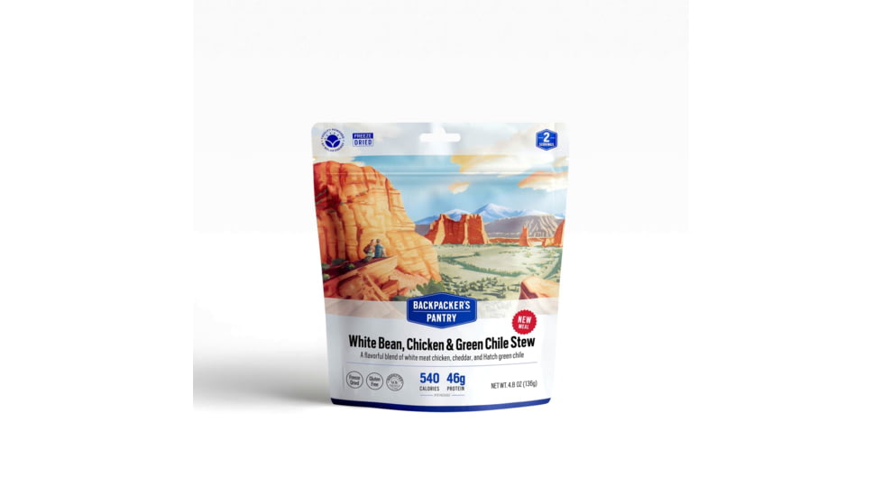 Backpackers Pantry White Bean Chicken &amp; Green Chile Stew Dehydrated Food, 540 Cal, 46g Protein, Natural, 4.8 oz, 102414