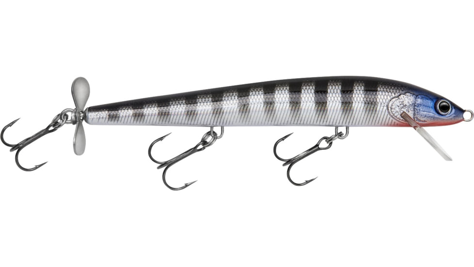 Bagley Lures Bagley Spintail Minnow With Tail Prop, Black Stripes on Silver Foil, 5in, 3/8oz, BST05-SBS
