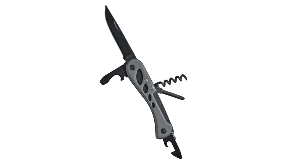 Baladeo Barrow Tech Folding Knife, 2.25in Black Coated 2Cr13 SS Blade, Gray Aluminum Handle, Include Bottle Opener L Can Opener L Small Screwdriver L Large Screwdriver L Corkscrew L Keyring, ECO165
