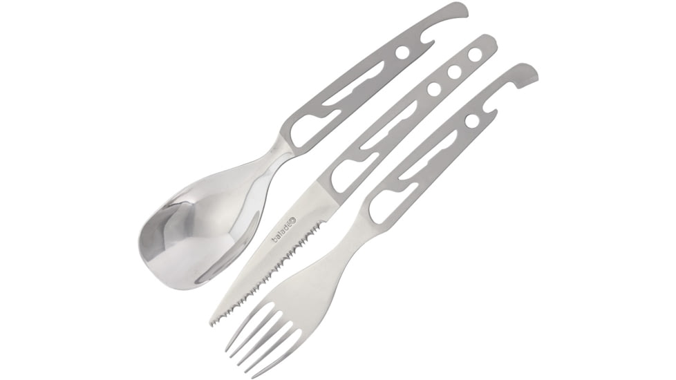Baladeo Basecamp Cutlery Set Kitchen Knives, Three Piece Set, Food Grade SS, Five Functions Serrated Knife, Spoon, Fork, Can Opener, Bottle Opener, Zippered Dark Gray Neoprene Pouch, ECO112