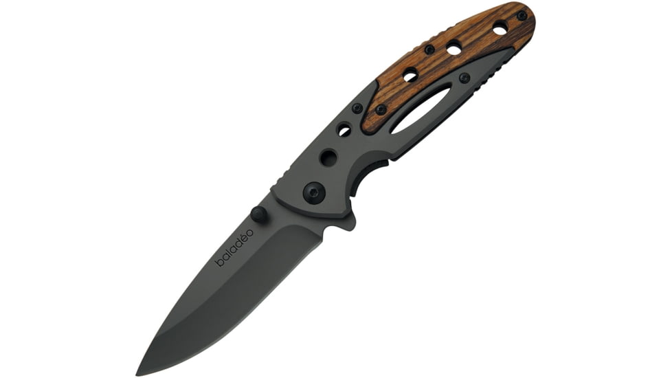 Baladeo Carson Folder, 3.5in Gray Titanium Coated 420 SS Drop Point, Pocket Clip, Thumb Stud, Zebra Wood And Gray Titanium Coated SS Handles, ECO206