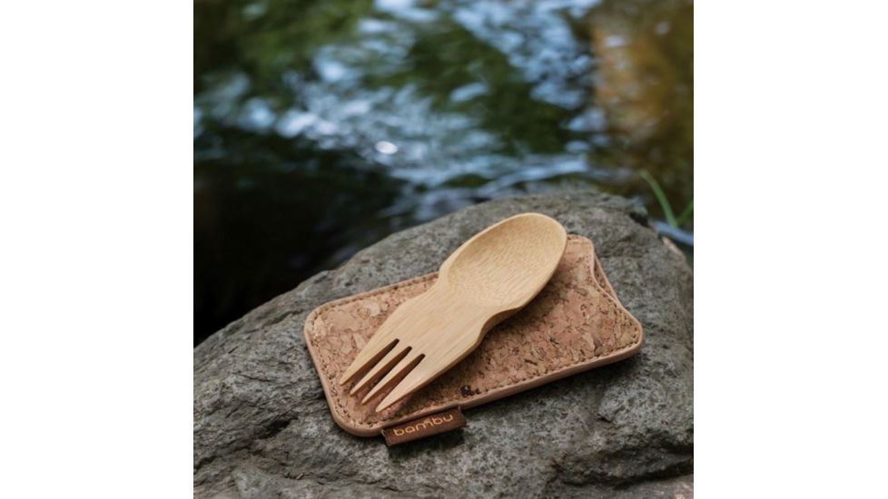 Bambu Bamboo Spork &amp; Cork Pouch, Natural, Natural, 4in x 2 1/4in, 131000