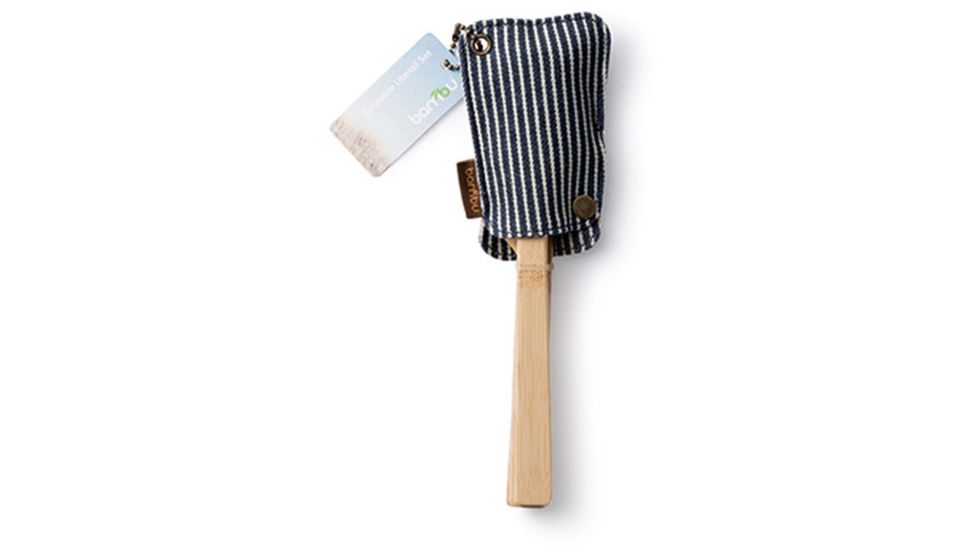 Bambu Bamboo Utensil Travel Set/Organic Cotton Stripe Pouch. CDU 12/pcs., Denim/White Stripe, 8in x 2 1/2in, 141160