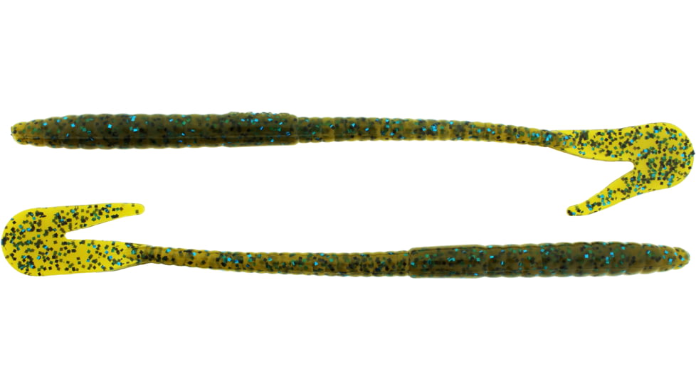 Bass Assassin BANG Lures Rail Worm, 7in, 10 per Pack, Green Pumpkin/Blue Glitter, 7, RW58432