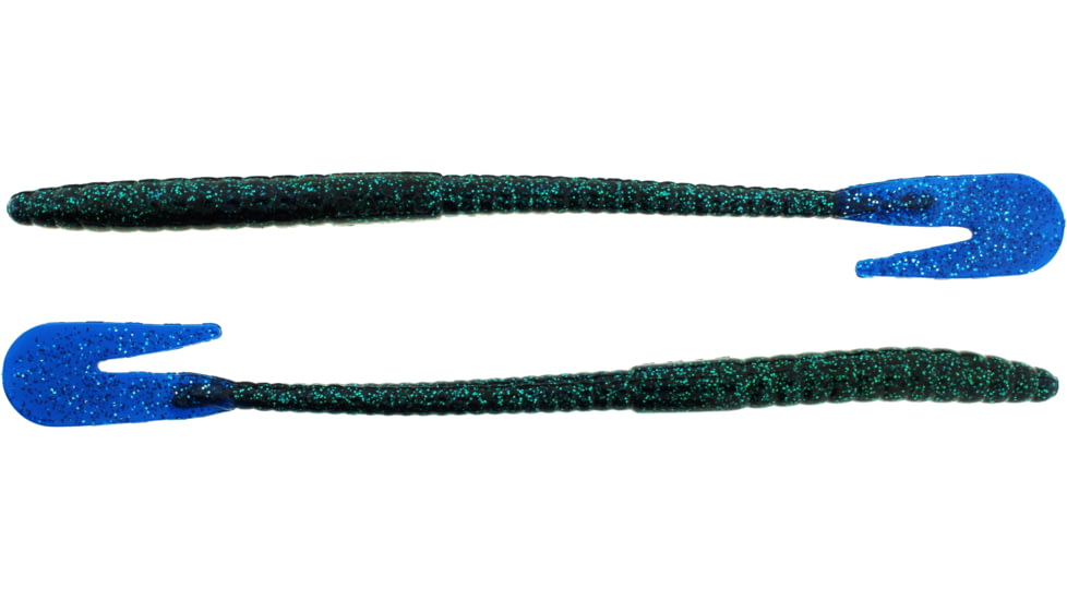 Bass Assassin BANG Lures Rail Worm, 7in, 10 per Pack, Junebug/Blue Glitter Tail, 7, RW58226