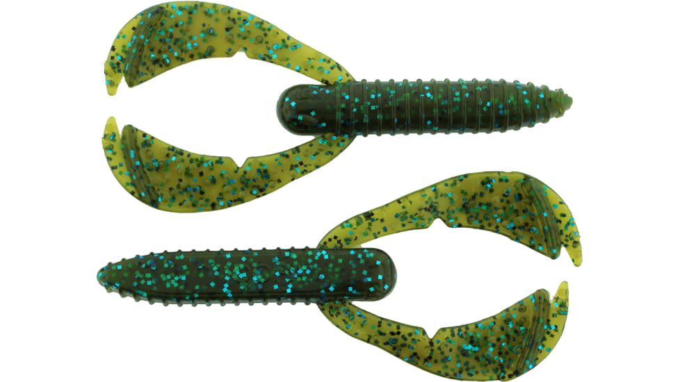 Bass Assassin BANG Lures Woopah Craw, 4in, 7 per Pack, Green Pumpkin/Blue Glitter, 4, WOO18432