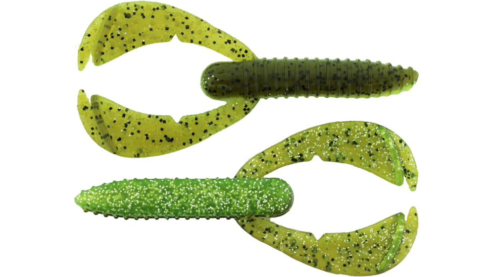Bass Assassin BANG Lures Woopah Craw, 4in, 7 per Pack, Green Pumpkin/Chart. Silver Glitter, 4, WOO18557