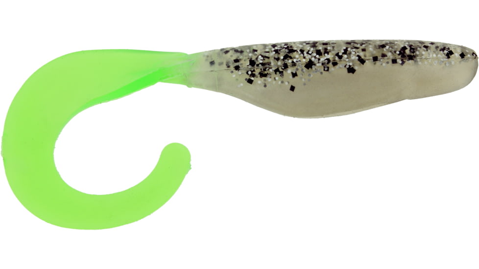 Bass Assassin Lures Curly Shad, 4in, 10 per Pack, Salt &amp; Pepper Silver Phantom/Chartreuse Tail, 4, CSA26238