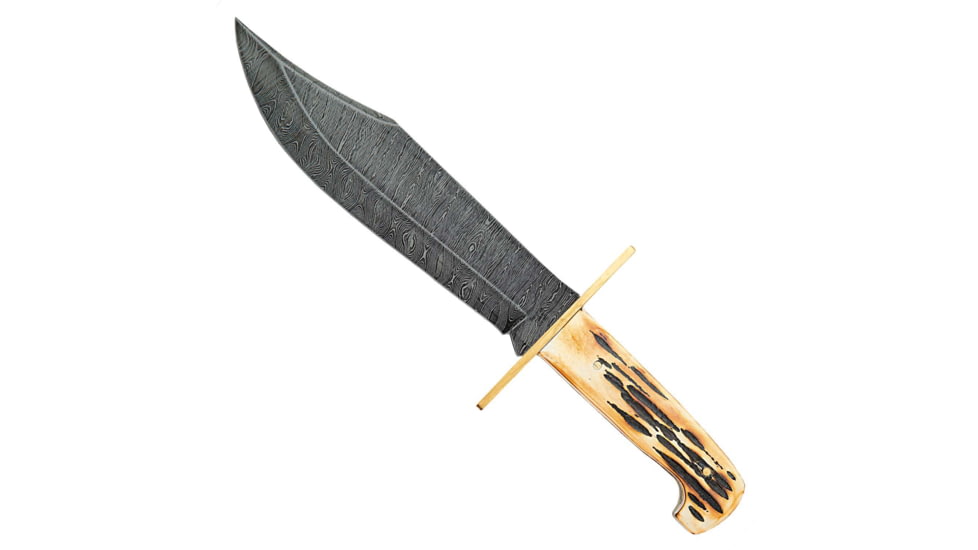 Bear and Son Knives American Bowie Fixed Blade Knife w/ Leather Sheath, 7in, High Definition Damascus Steel, Bowie, Genuine India Stag Bone Handle, 500D 3/4