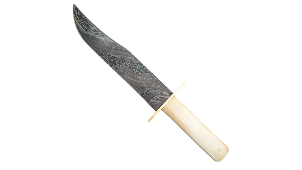 Bear and Son Knives American Bowie Fixed Blade Knife w/ Leather Sheath, 9in, High Definition Damascus Steel, Bowie, White Smooth Bone Handle, WSB02D