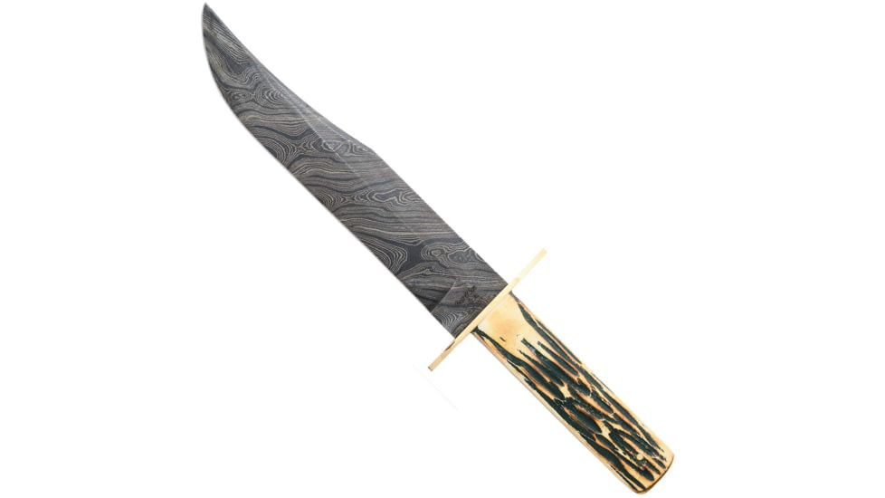 Bear and Son Knives American STD Bowie Fixed Blade Knife w/Leather Sheath, 9in, High Definition Damascus Steel, Genuine India Stag Bone Handle, 502D