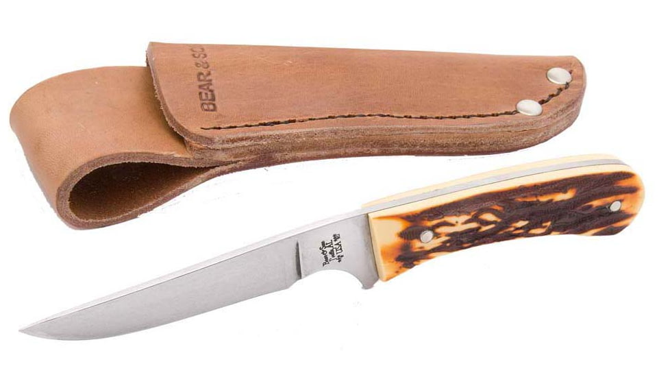 Bear and Son Knives Bird &amp; Trout Fixed Blade Knife, 3in, 440 Stainless Steel, Stag Delrin Handle w/ Leather Sheath, 751