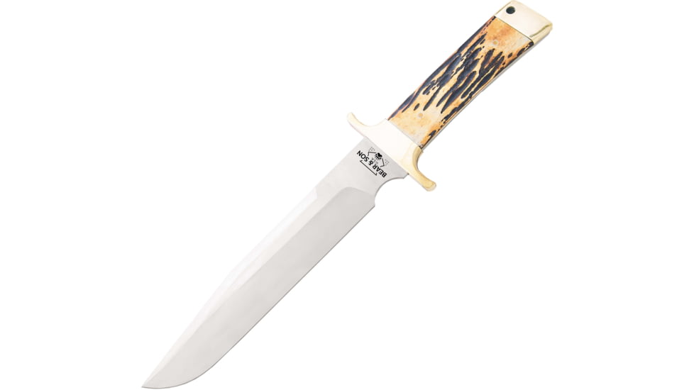 Bear and Son Knives Freedom Fighting Bowie Fixing Blade Knife, 8in, D2 Tool Steel, Genuine India Stag Bone Handle, 503