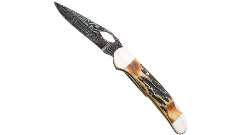 Bear and Son Knives Locking Cowhand Folding Knife, 2.88in, Damascus Steel, Genuine India Stag Bone Handle w/ Pocket Clip, 5149LD