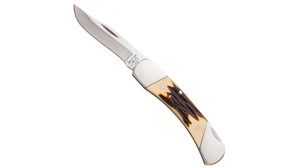 Bear and Son Knives Midsize Lockback Folding Knife, 2.75in, High Carbon Stainless Steel, Clip Point, Genuine India Stag Bone Handle, 505