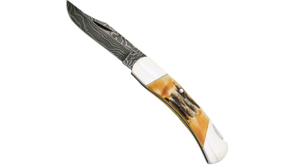 Bear and Son Knives Midsize Lockback Folding Knife, 2.75in, High Definition Damascus Steel, Genuine India Stag Bone Handle, 505D