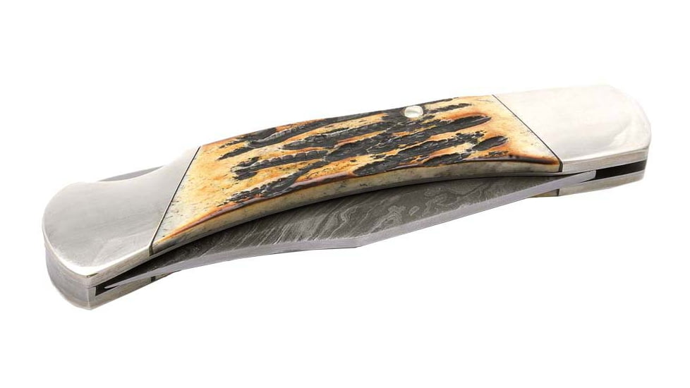Bear and Son Knives Professional Lockback Folding Knife w/Leather Sheath, 3.75in, High Definition Damascus Steel, Genuine India Stag Bone Handle, 597D