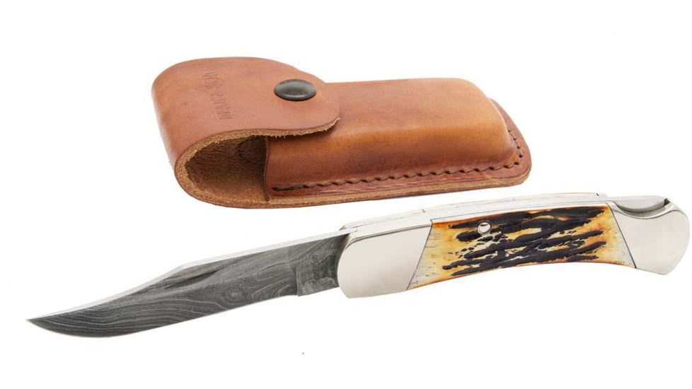 Bear and Son Knives Professional Lockback Folding Knife w/Leather Sheath, 3.75in, High Definition Damascus Steel, Genuine India Stag Bone Handle, 597D