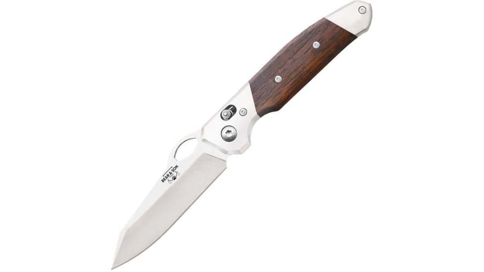 Bear and Son Knives Slide Lock Folding Knife, 3.38in, D2 Tool Steel, Cocobola Wood Handle w/ Pocket Clip, CB10N