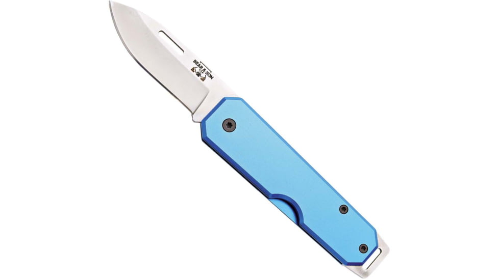 Bear and Son Knives Slip Joint Folding Knife w/ Clip, 2.38in, High Carbon Stainless Steel, Drop Point, Aluminum Handle, Blue, 110BL