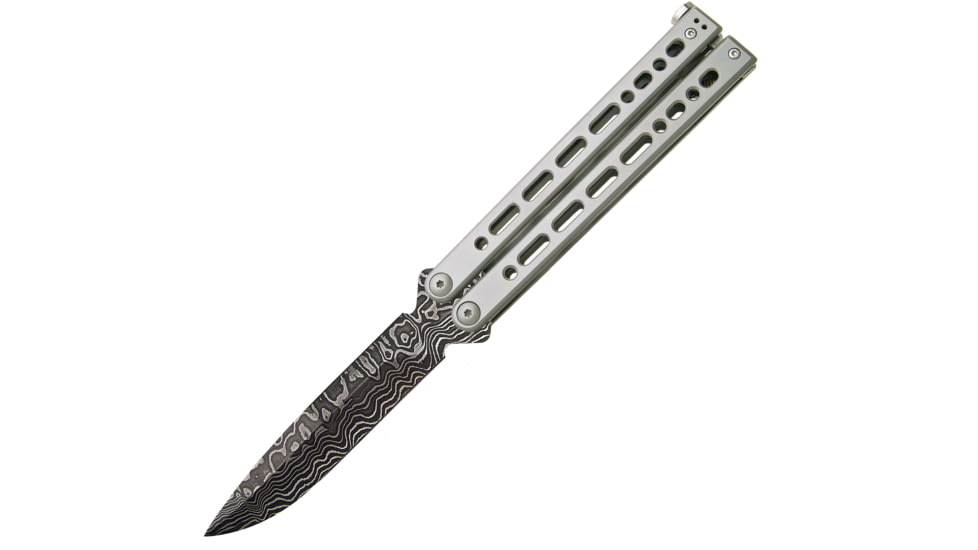 Bear OPS Small Bear Song 8 Folding Knives, 4in, 416 Layer Damascus Steel, Bowie Clip, Stainless Steel w/Grey Cerakote Handle, B-900-SS-LD