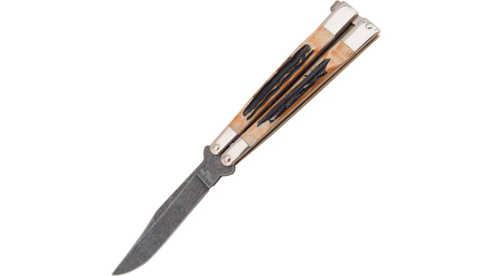 Bear &amp; Son Cutlery Butterfly Damascus Folding Knife,Damascus Steel,Clip,Stag Handle BC517D