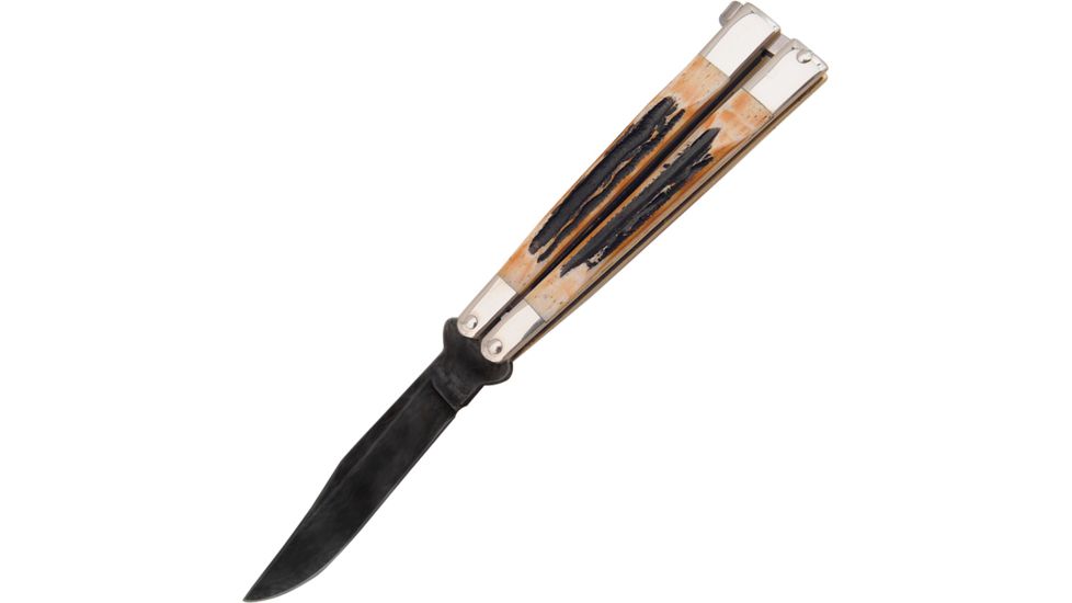 Bear &amp; Son Cutlery Butterfly Stag Folding Knife,Clip,Black Titanium,Stag Handle BC517