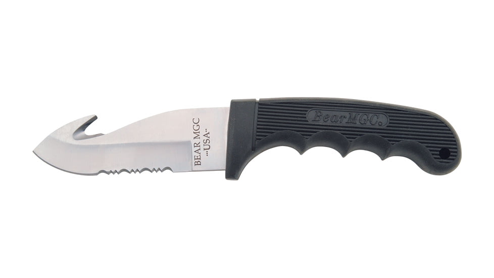 Bear &amp; Son Guthook Hunter Fixed Blade Knife, partially serrated SS guthook Blade, Black Kraton Handle BC444SR