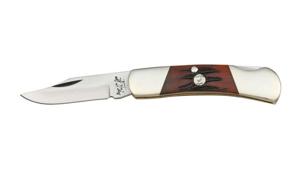 Bear &amp; Son Lockback Fold Knife 3in closed, High Polished 1095 Carbon Steel clip Blade, Red Stag Bone Handle BCCRSB26