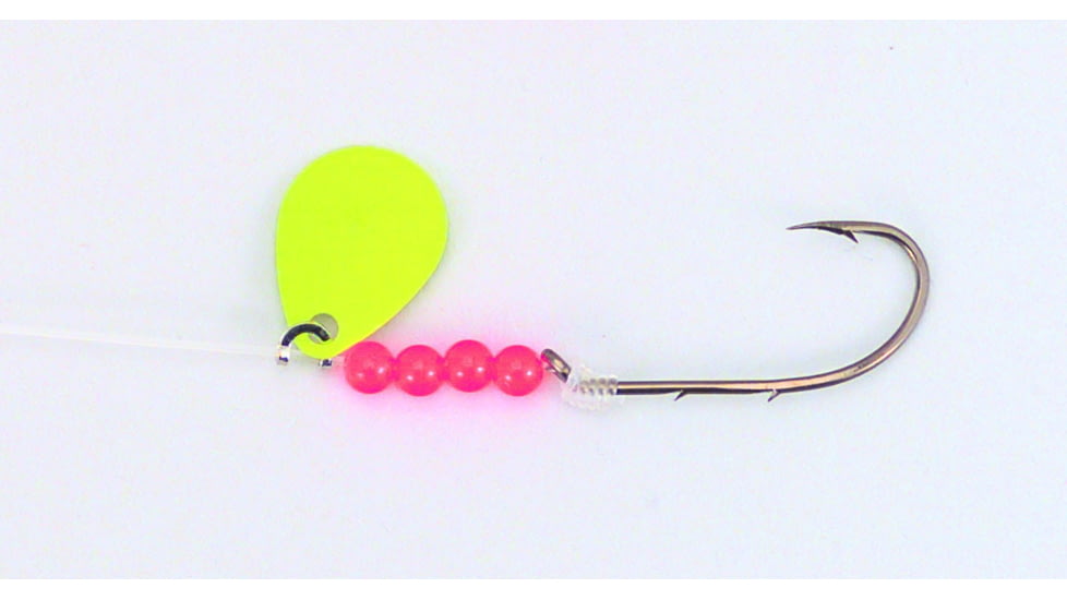 BearPaw Flicker Snelled Hook, Baitholder, Fluorescent Yellow Spinner, 8in Mono, Bronze, Size 6, 6 per Pack, FYBH-6