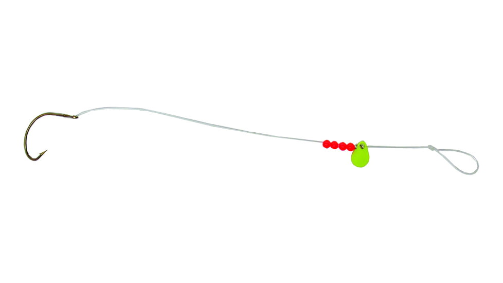 BearPaw Flicker Snelled Hook, Wide Gap, Kahle Bronze, 8in Mono, Fluorescent Yellow Spinner, Size 1, 6 per Pack, FYWB-1