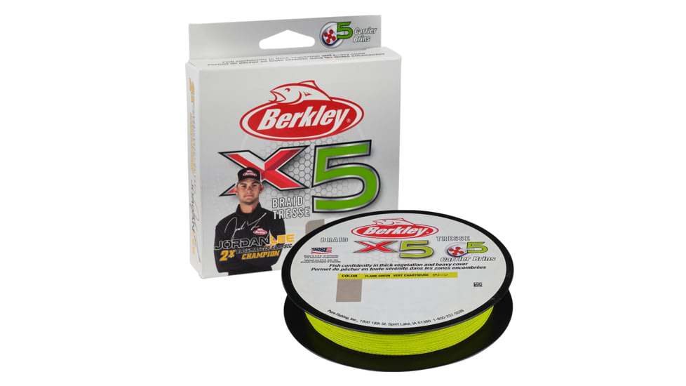 Berkley Jordan Lee x5 Braid Superline, 0.40mm class/0.016in class, 80lb test/100 lbC/45.6kg, 164yd/150m, 20lb, Flame Green, X5JBFS80-GG