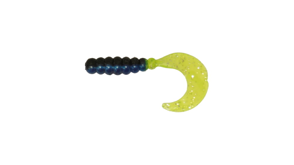 Big Bite Baits Fat Grub Curl Tail Grub, 6, 2in, Black/Blue with Chartreuse Silver, FG2-05