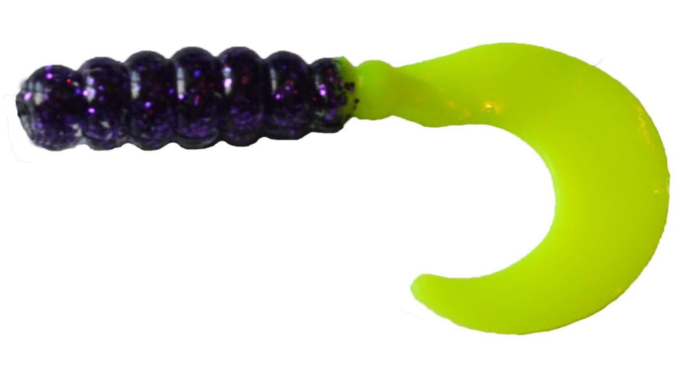 Big Bite Baits Fat Grub Curl Tail Grub, 10, 2in, Purple Glitter Opaque Chartreuse, FG2-47