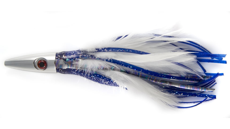 Billy Baits Ahi Slayer Trolling Lure, 5in/12.7 cm, Blue/White Feather/Vinyl Skirt, BB-AS01