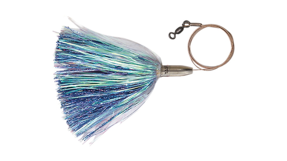 Billy Baits Mini Turbo Slammer Trolling Lure, Rigged &amp; Ready, 135LB AFW Cable, 3 ft, 7/0 Hook, Pearl/Blue Shimmer, BB-MTSBC71