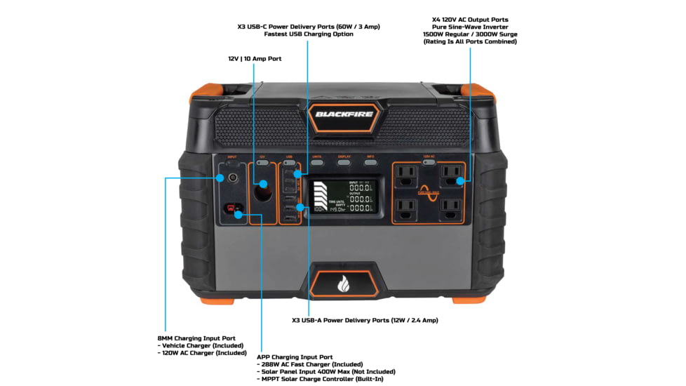 Blackfire-Klein Outdoors Portable Power Station 1500W, Black/Orange, PAC1000