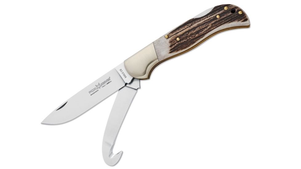 Boker 500/2Ce Fox Multi Hunter Folding Knife, 3.3in, N690, Stag, Uncoated, Brown, 500/2CE